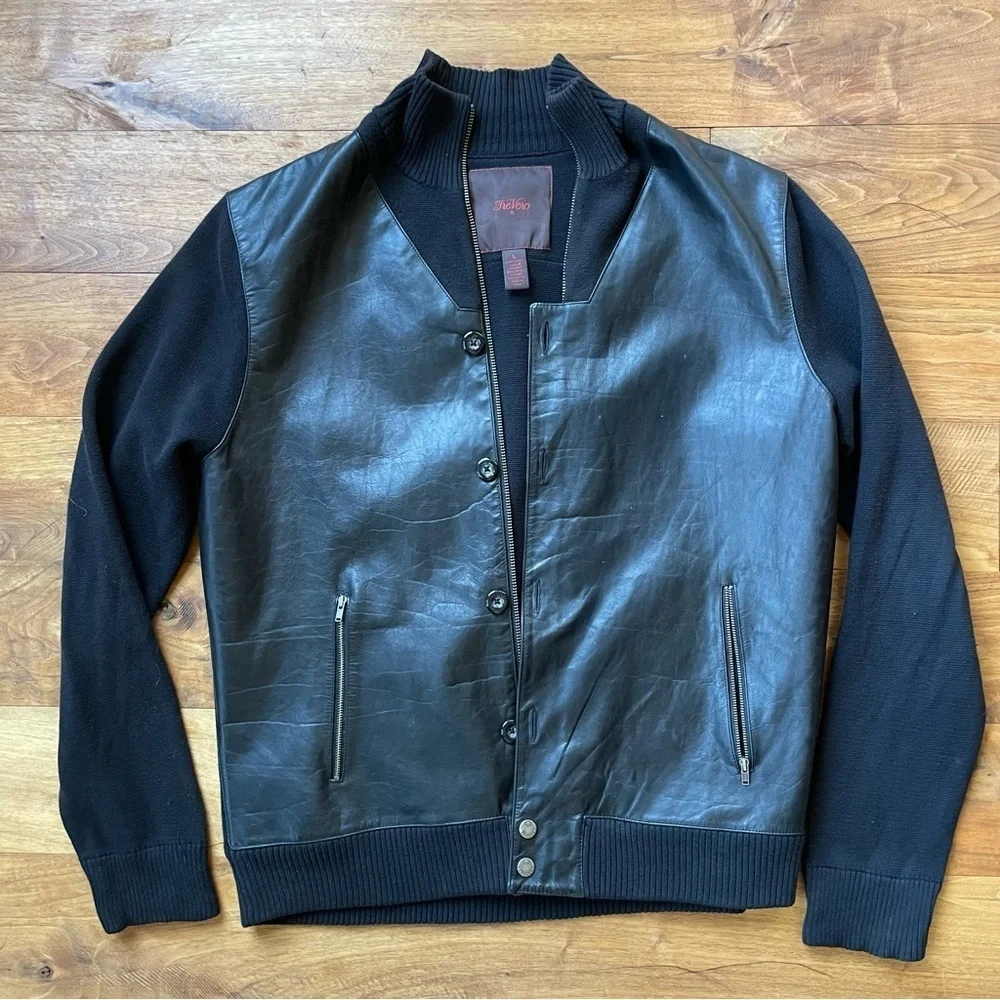 Tre Vero Men's Black Leather Sweater Jacket Button Front Stand Collar size L